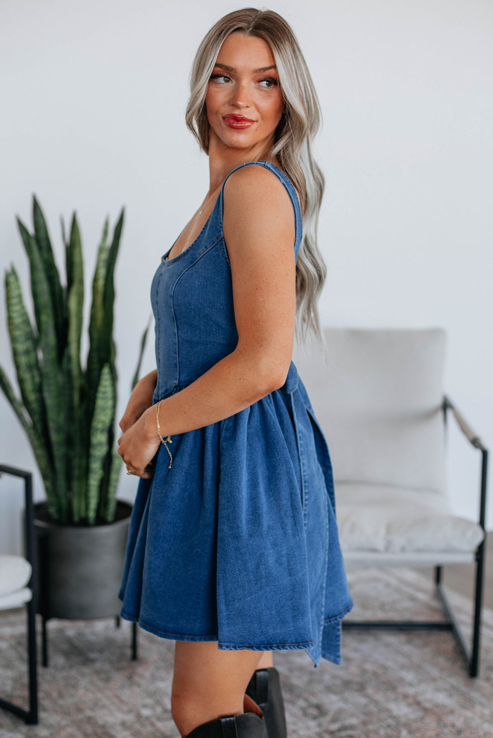 Sail Blue Bowknot A-line Sleeveless Denim Dress