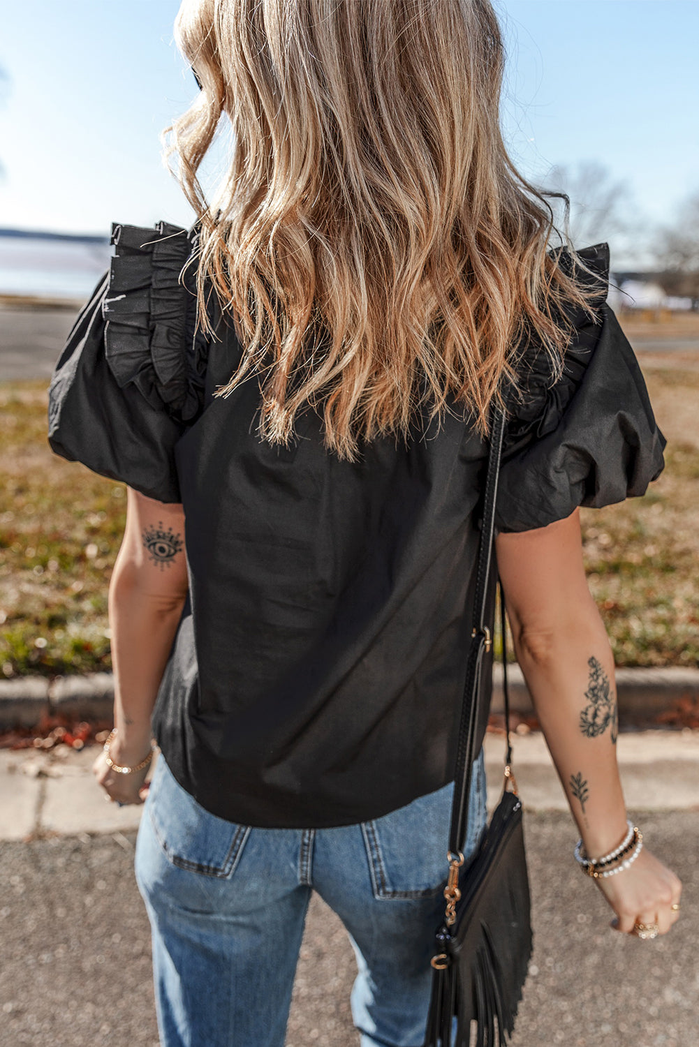 Black V Neck Ruffle Puff Short Sleeve Loose Blouse
