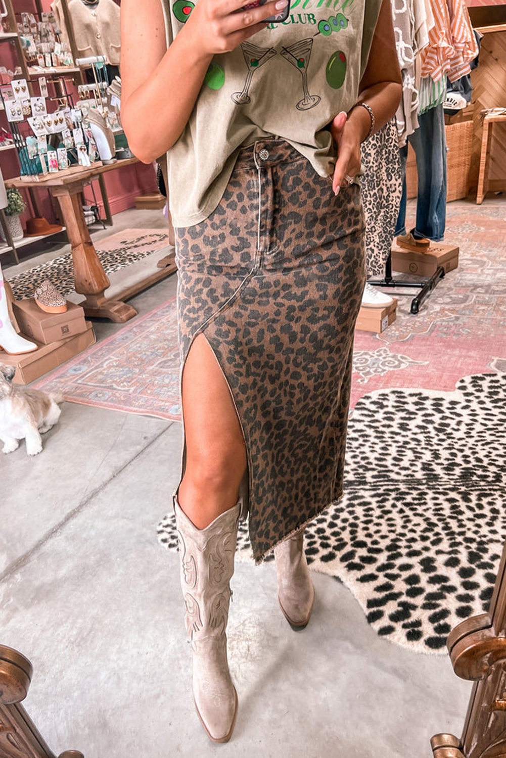 Brown Leopard Frayed Split Denim Midi Skirt