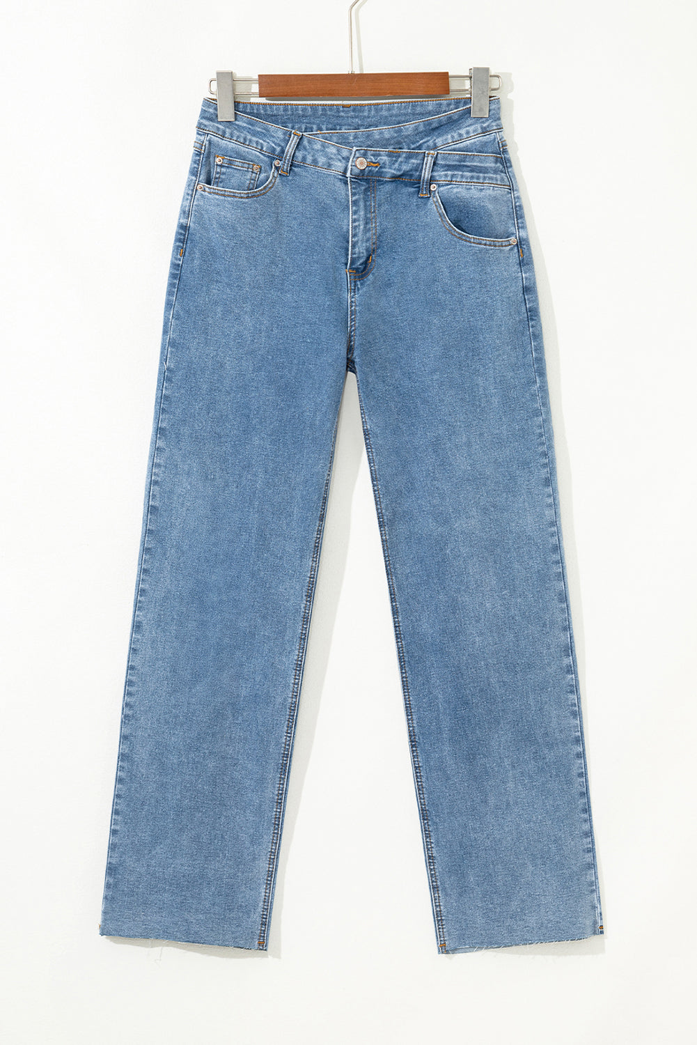 Sky Blue Mid Rise Asymmetrical Waist Wide Leg Jeans