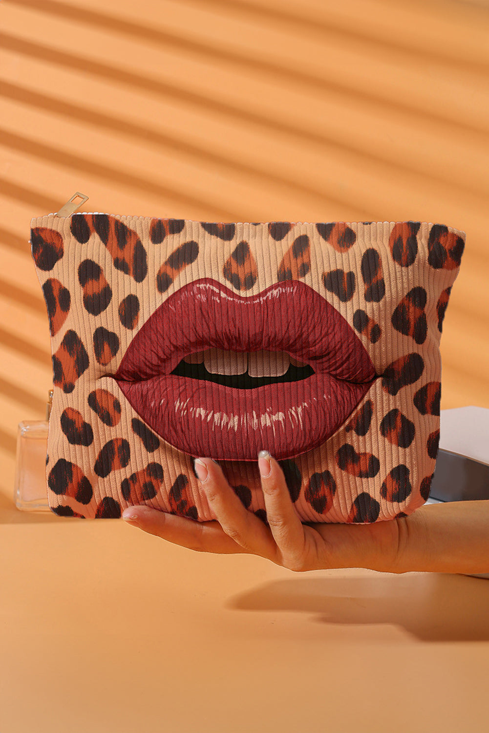 Brown Leopard Red Lips Makeup Bag