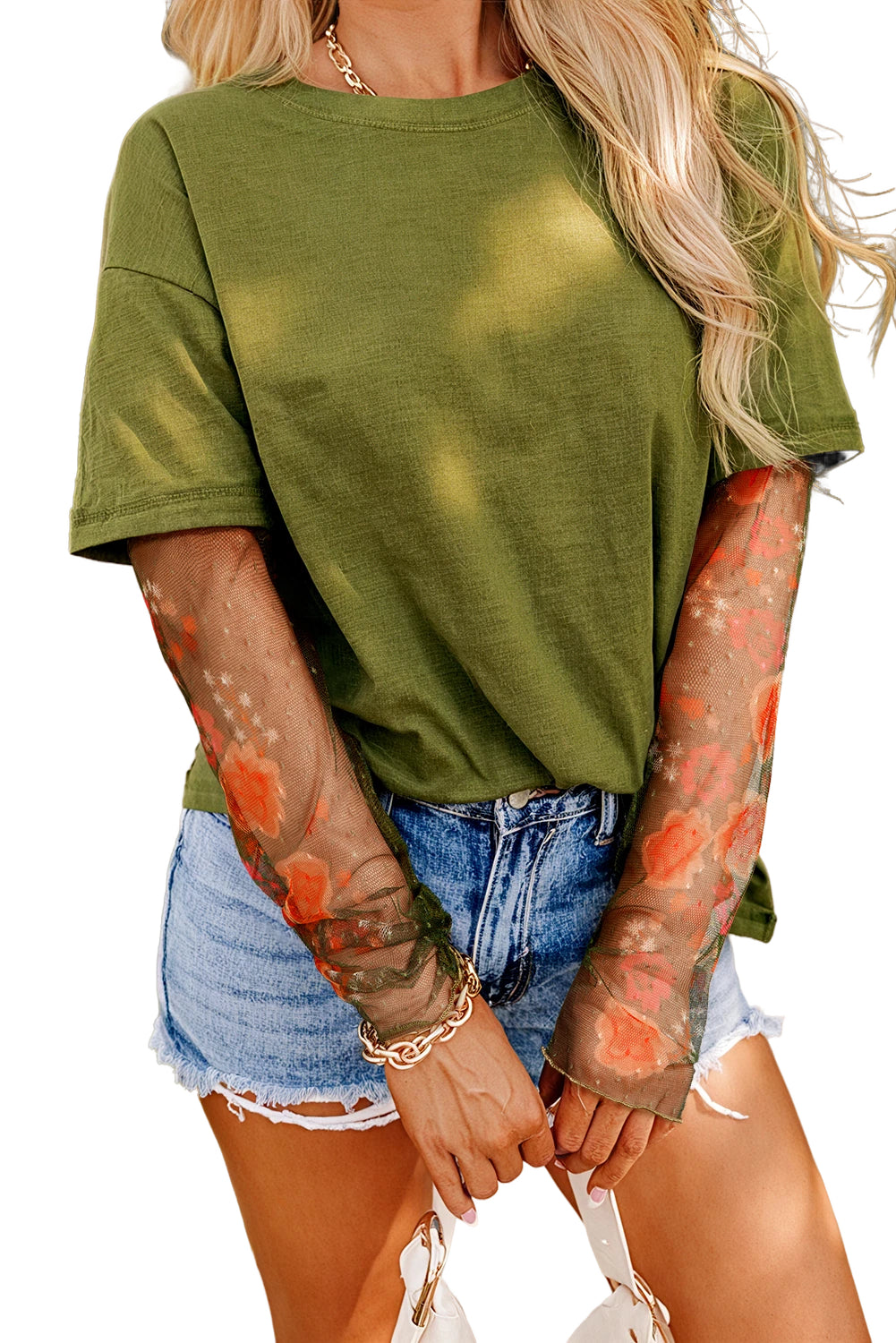 White Floral Mesh Patchwork Sleeve Fake Two-Piece Top