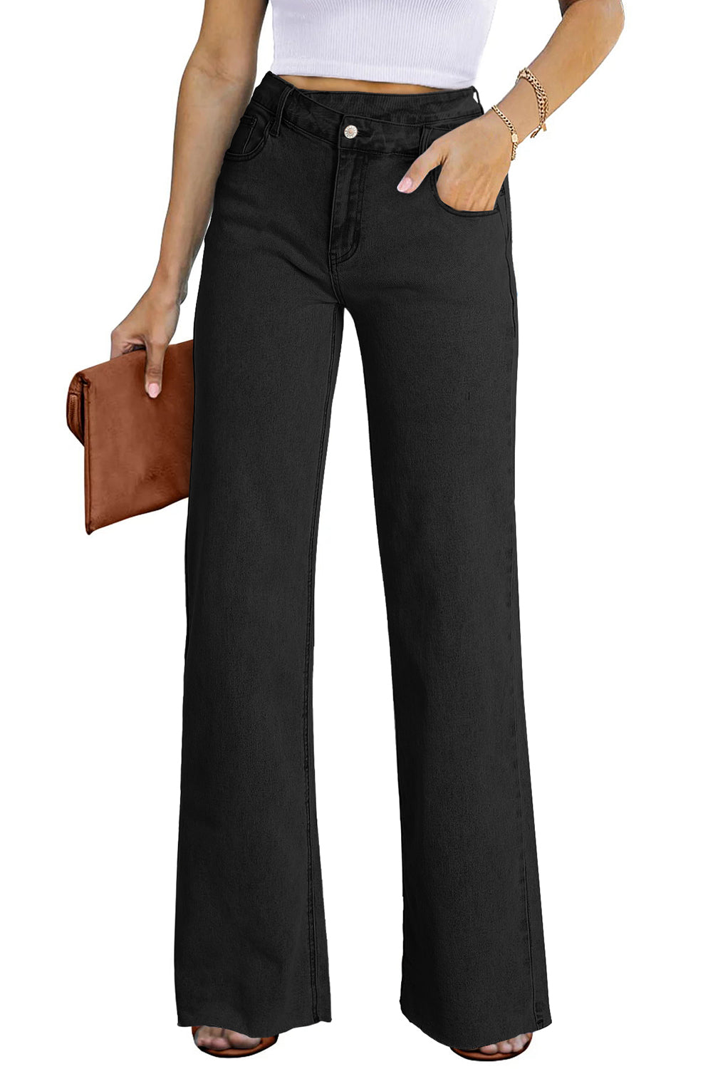 Sky Blue Mid Rise Asymmetrical Waist Wide Leg Jeans