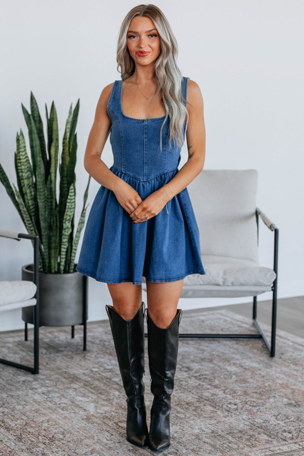 Sail Blue Bowknot A-line Sleeveless Denim Dress