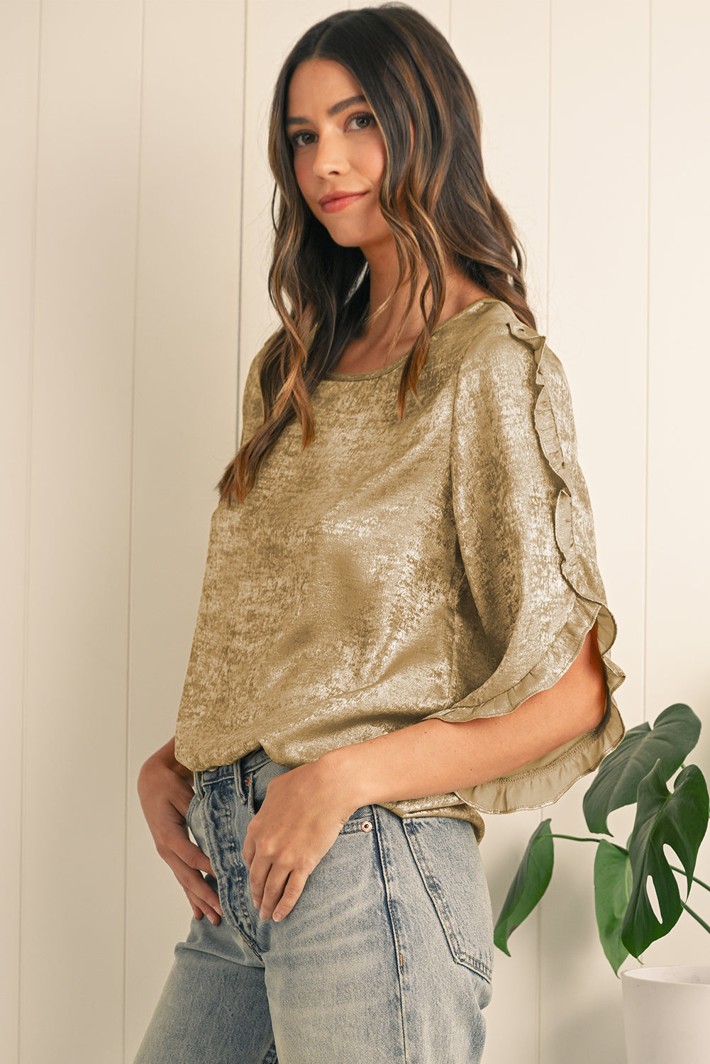 Gold Solid Color Ruffle Trim Flounce Sleeve Blouse