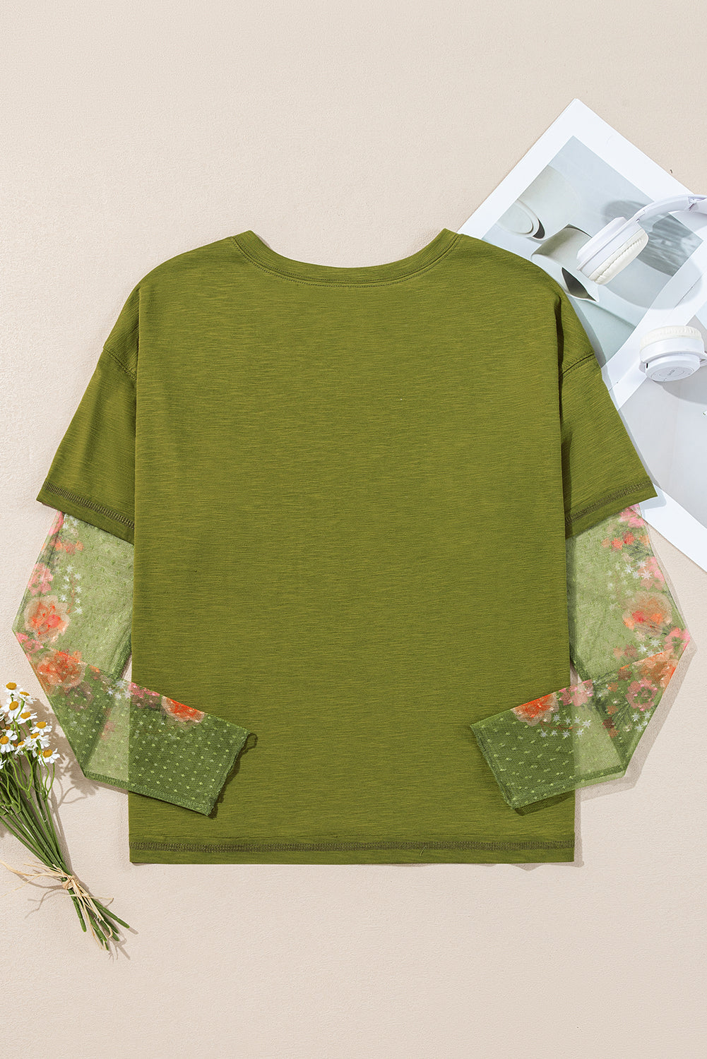 White Floral Mesh Patchwork Sleeve Fake Two-Piece Top