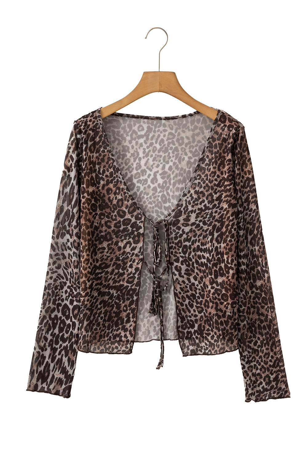 Multicolour Leopard Sheer Mesh Lace Up V Neck Long Sleeve Top