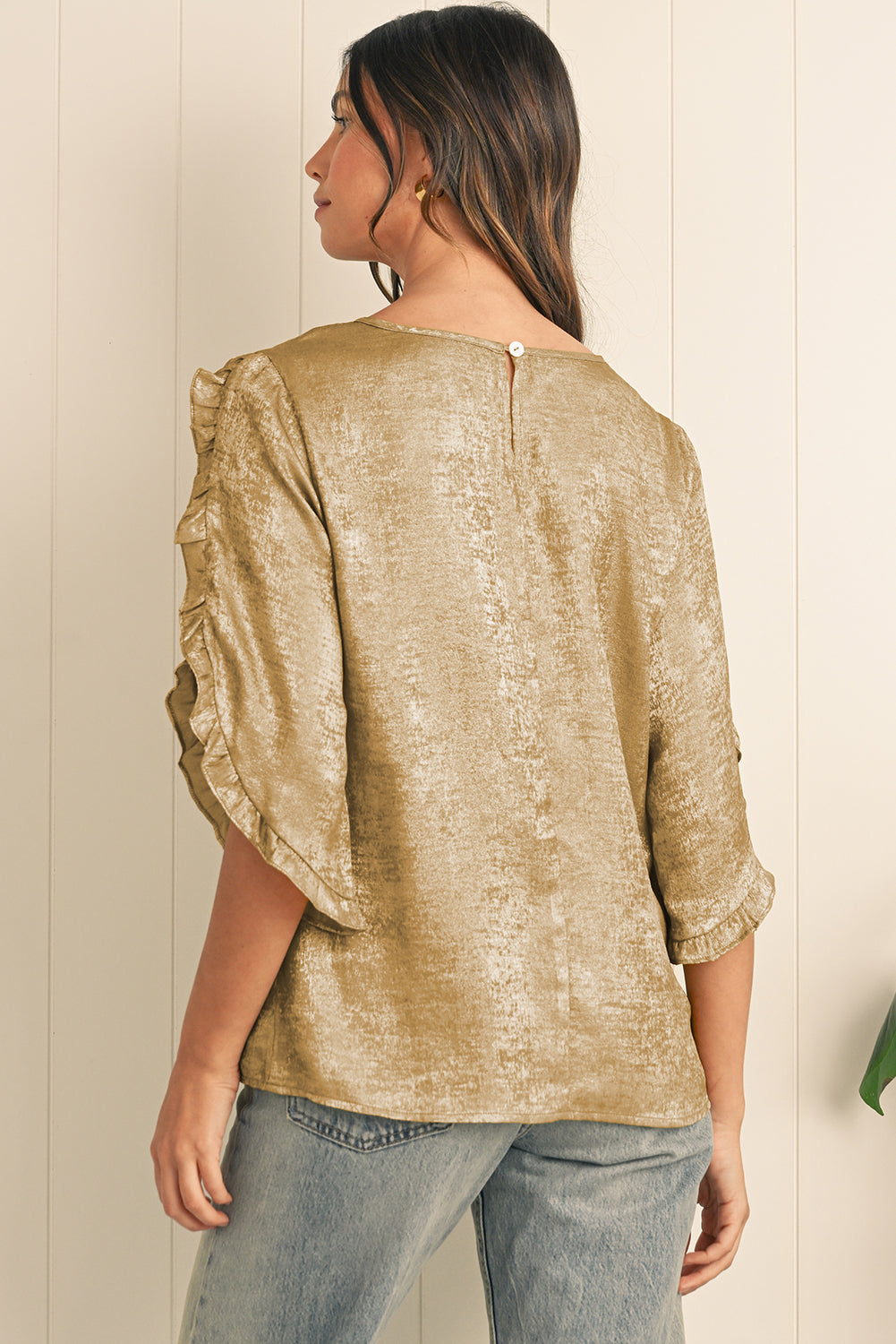 Gold Solid Color Ruffle Trim Flounce Sleeve Blouse