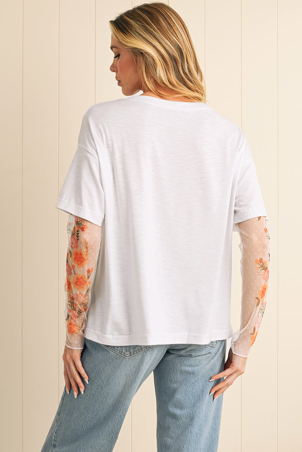 White Floral Mesh Patchwork Sleeve Fake Two-Piece Top