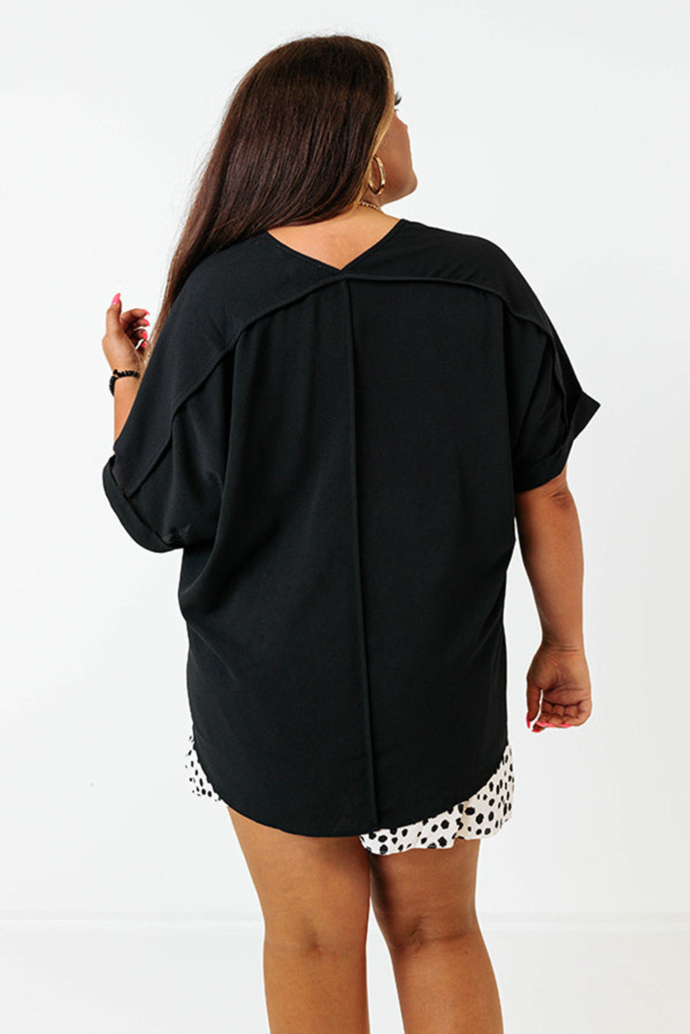 Black Seamed Back High Low Hem V Neck Plus Size Tee