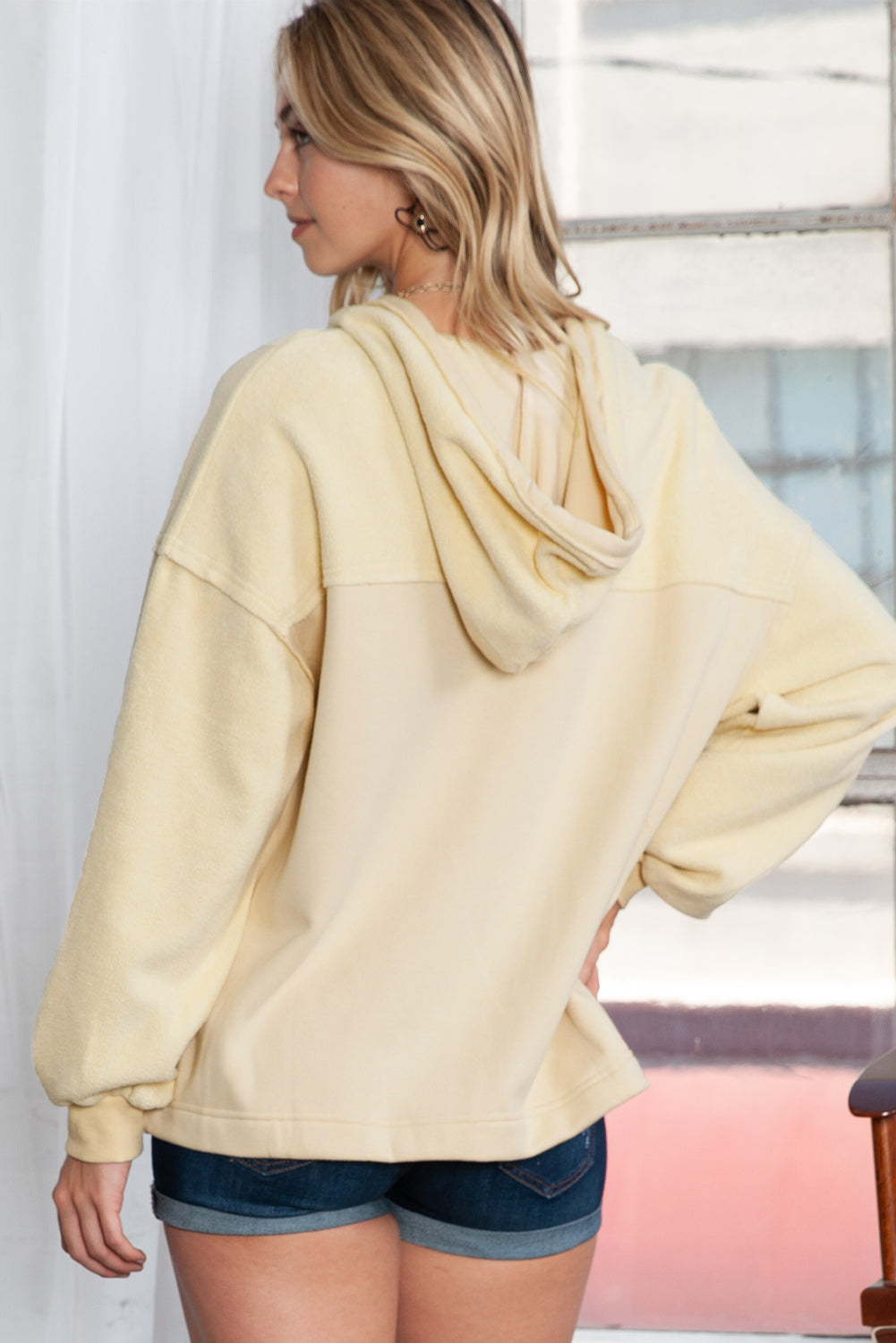 Tan Bishop Sleeve Zip Up Flap Pockets Hoodie Jacket