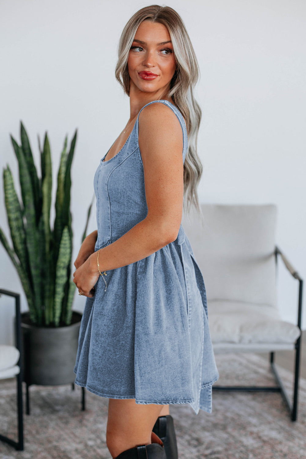 Sail Blue Bowknot A-line Sleeveless Denim Dress
