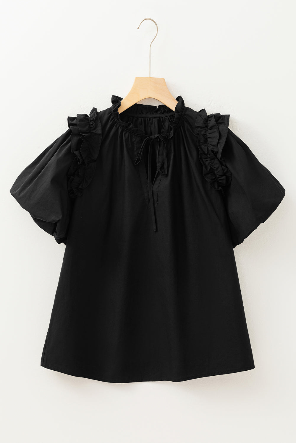 Black V Neck Ruffle Puff Short Sleeve Loose Blouse