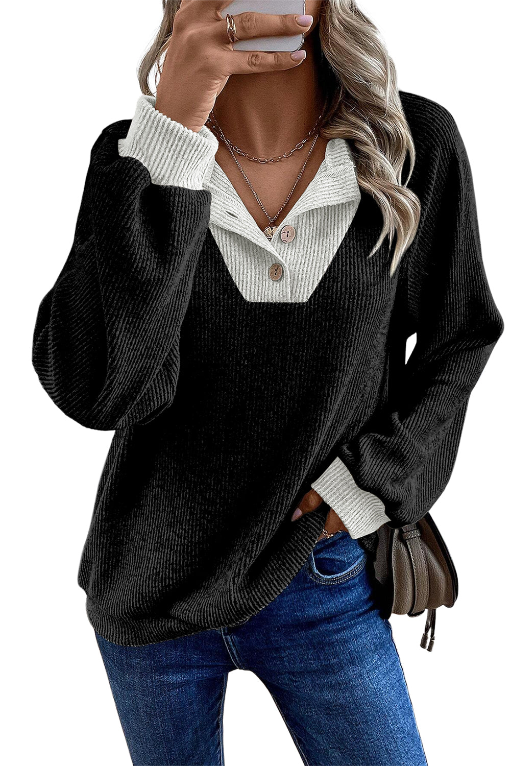 Black Contrast Ribbed Loose Fit Henley Top