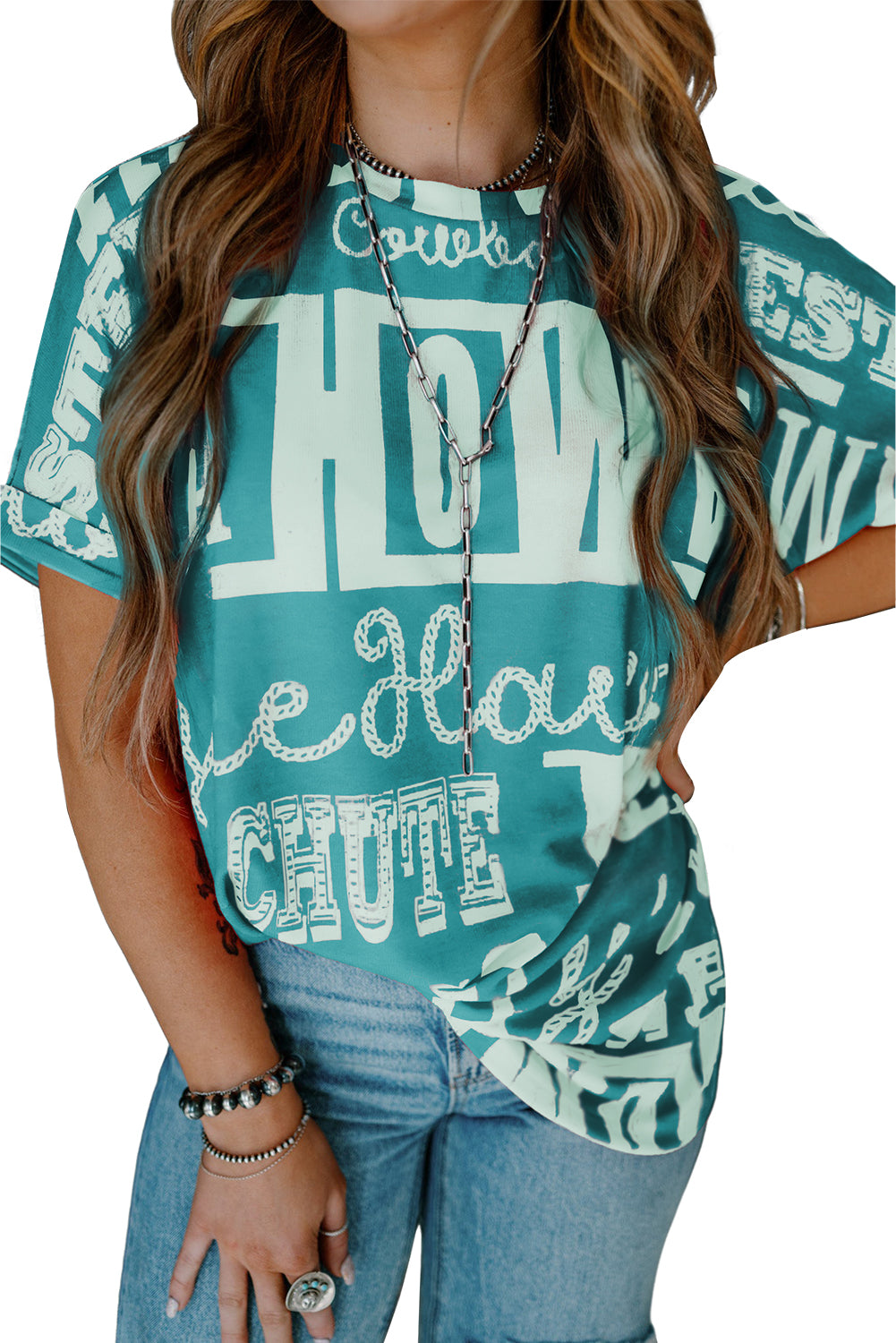 Turquoise Vintage Letter Print Graphic Loose Tee