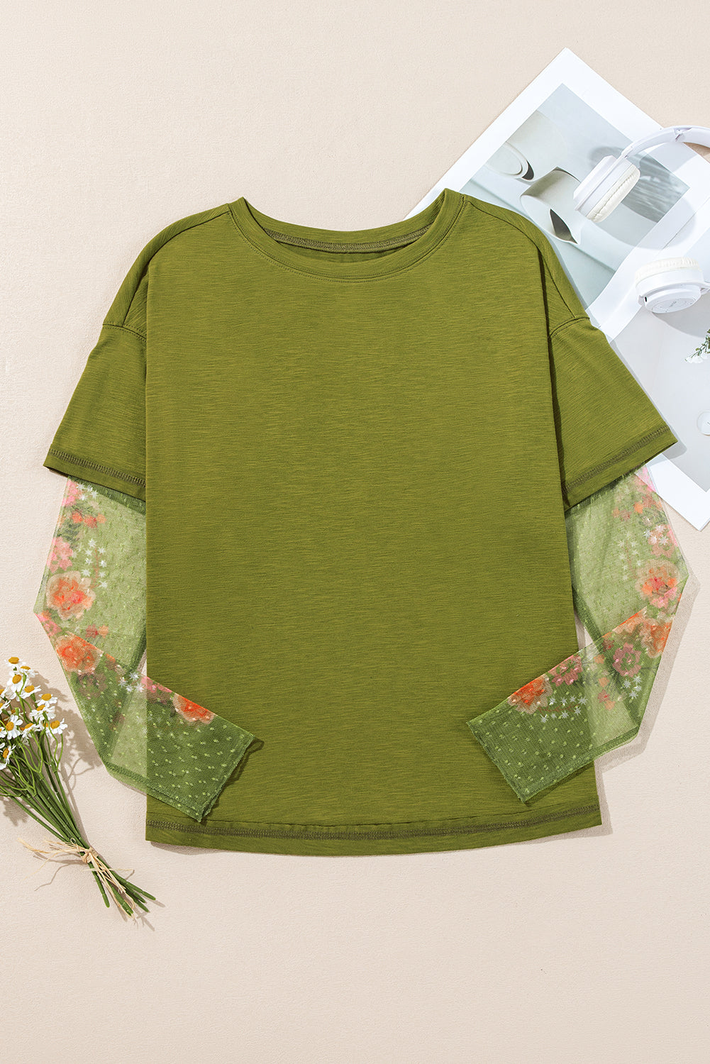 White Floral Mesh Patchwork Sleeve Fake Two-Piece Top