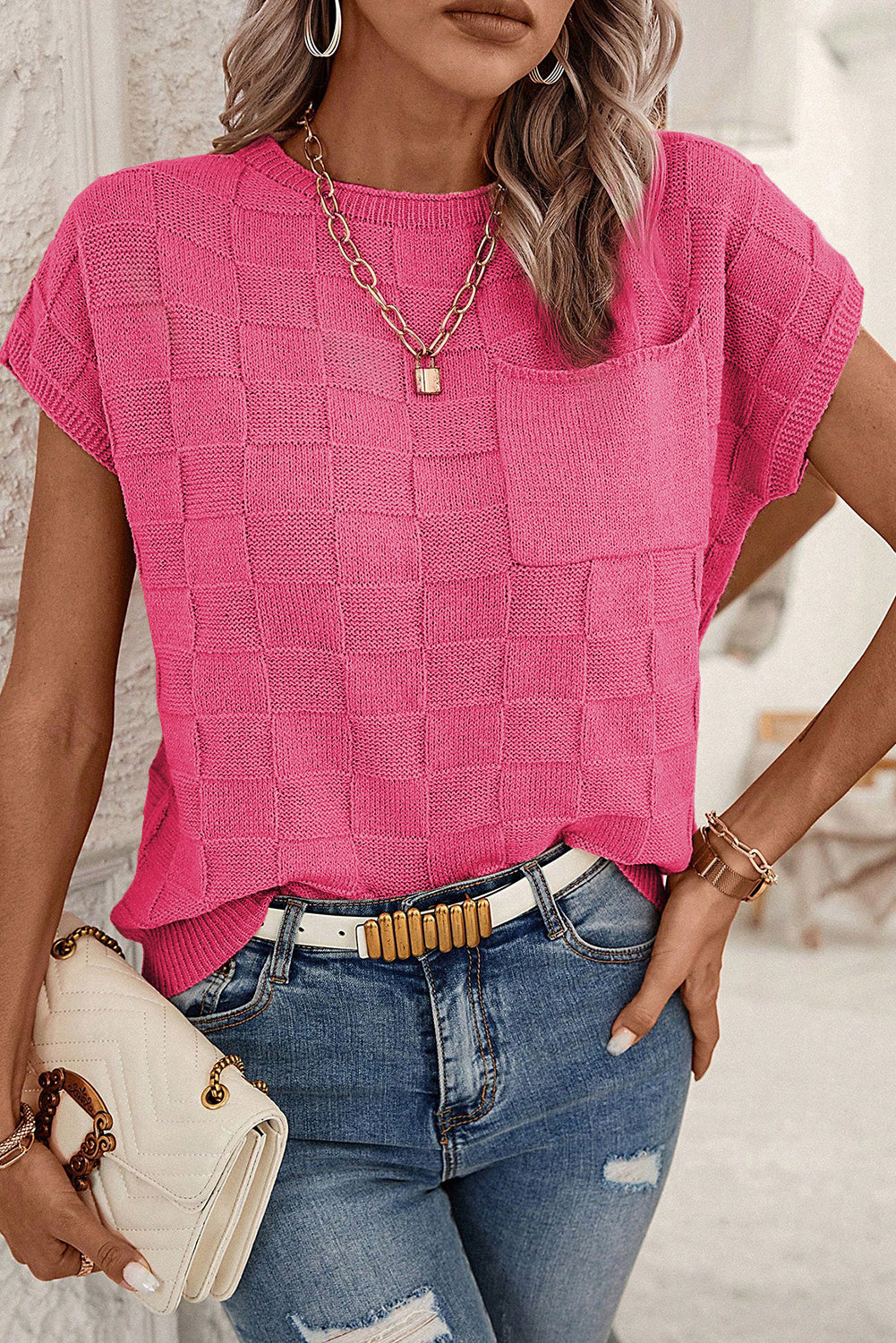Black Lattice Textured Knit Short Sleeve Baggy Top