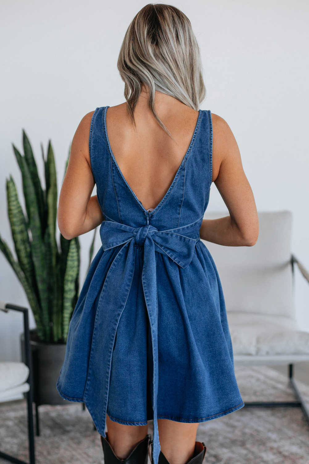 Sail Blue Bowknot A-line Sleeveless Denim Dress