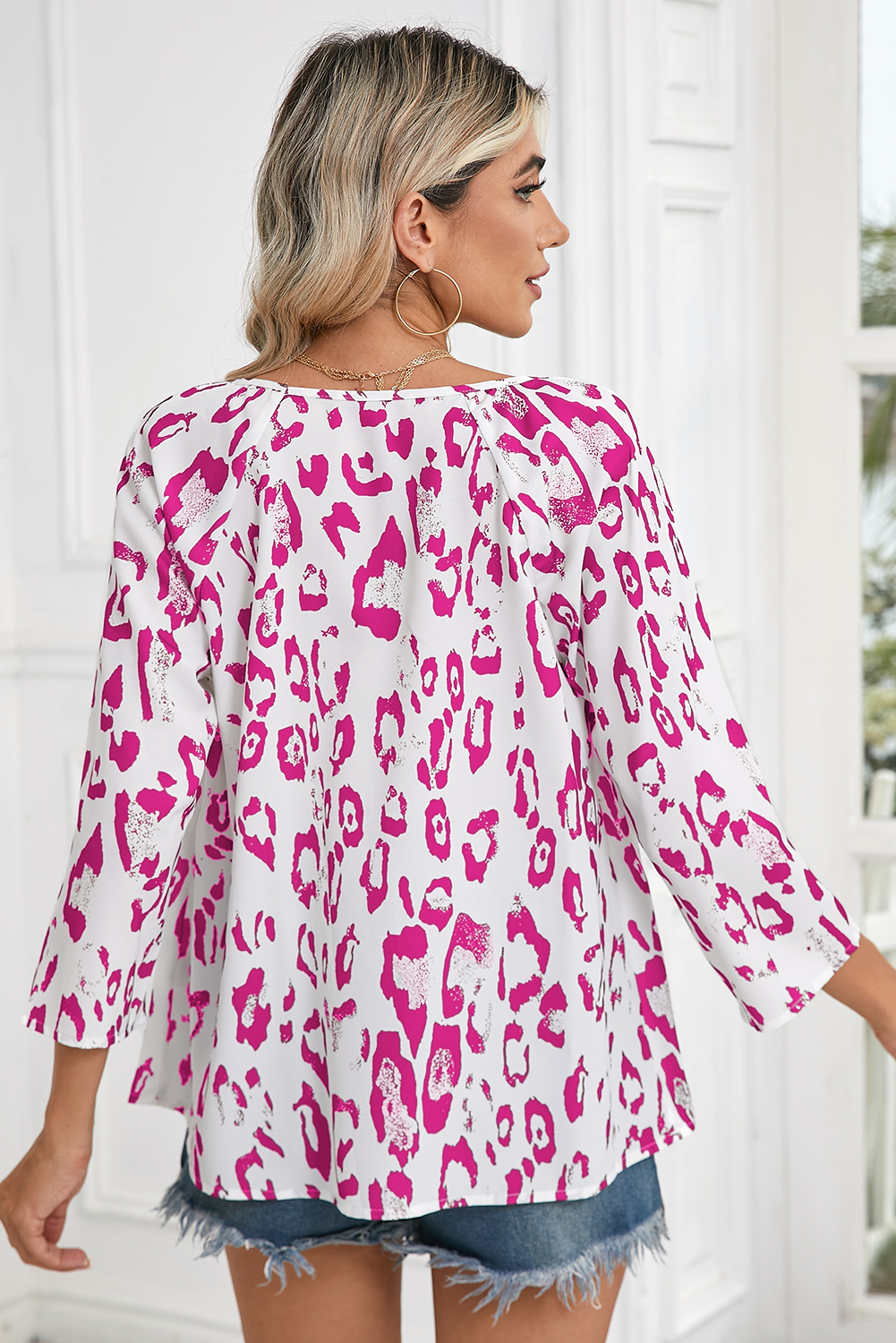 Black Leopard Print V Neck 3/4 Sleeve Blouse