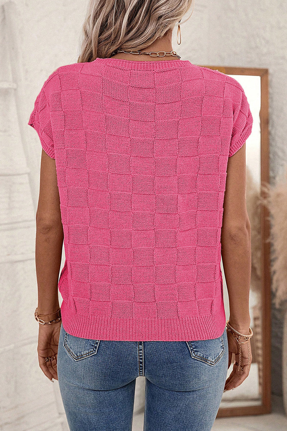 Black Lattice Textured Knit Short Sleeve Baggy Top