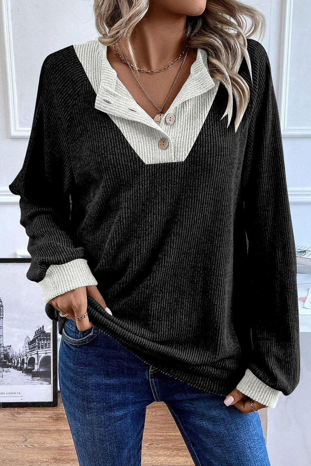 Black Contrast Ribbed Loose Fit Henley Top