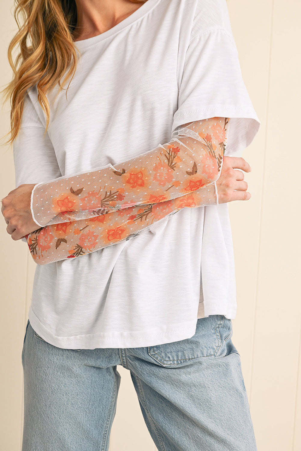White Floral Mesh Patchwork Sleeve Fake Two-Piece Top