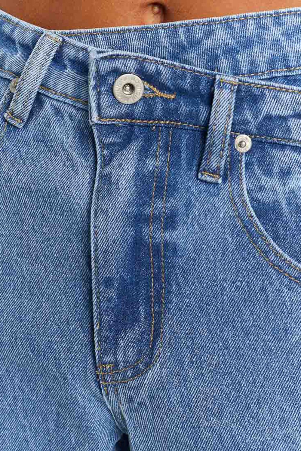 Sky Blue Mid Rise Asymmetrical Waist Wide Leg Jeans