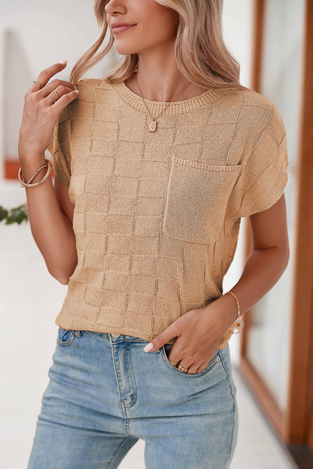 Black Lattice Textured Knit Short Sleeve Baggy Top
