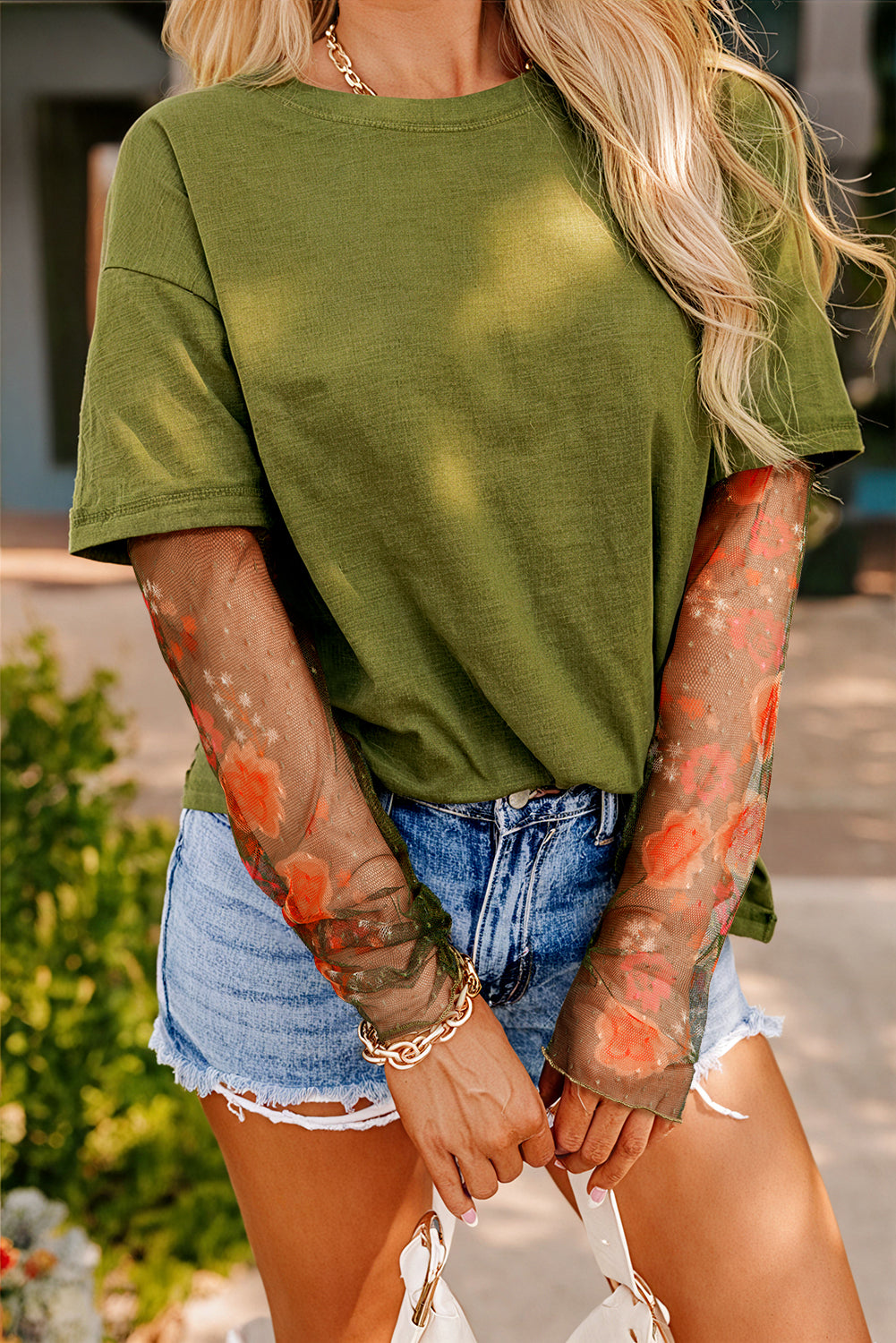 White Floral Mesh Patchwork Sleeve Fake Two-Piece Top