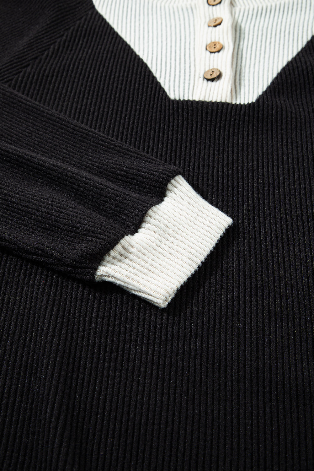 Black Contrast Ribbed Loose Fit Henley Top