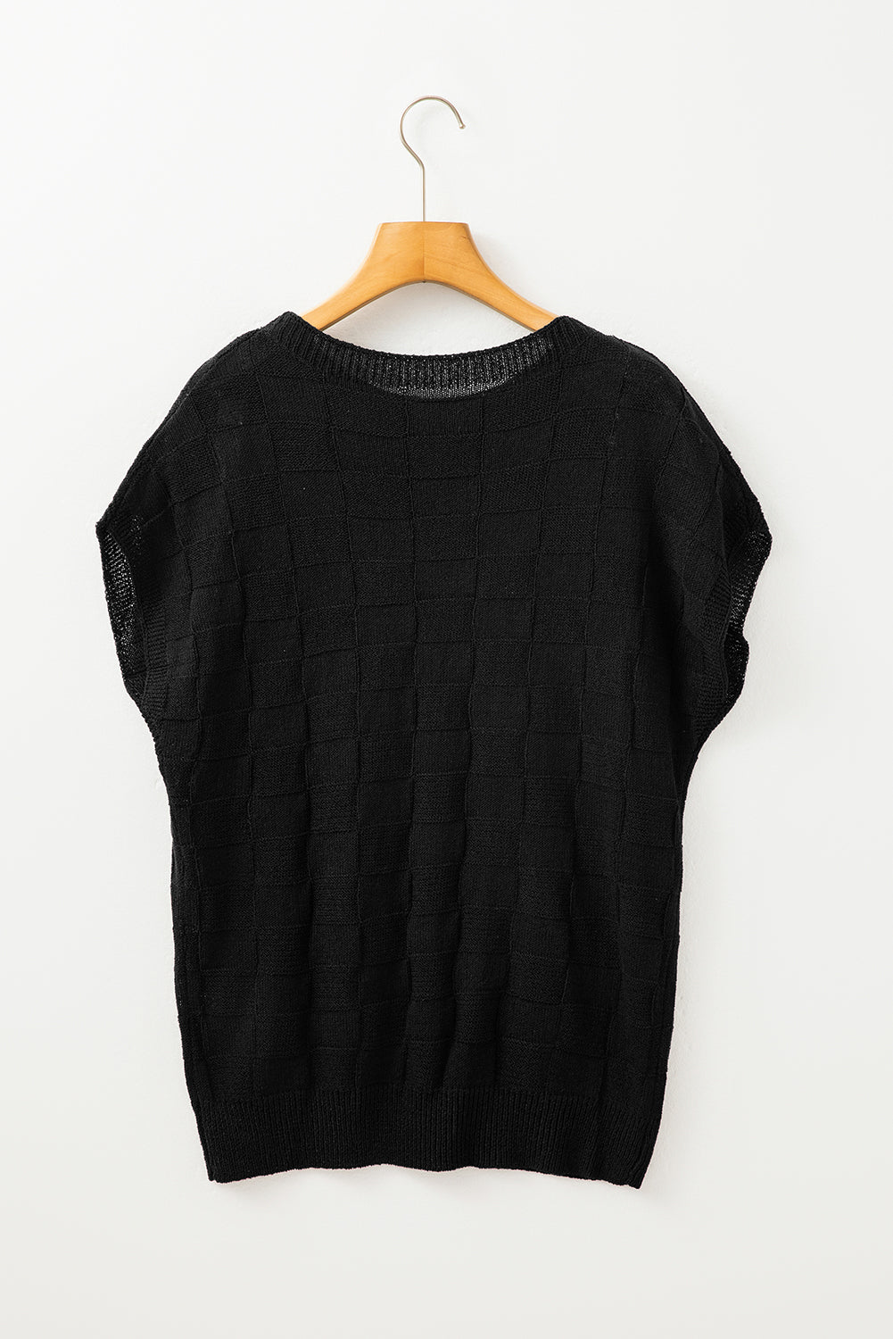 Black Lattice Textured Knit Short Sleeve Baggy Top