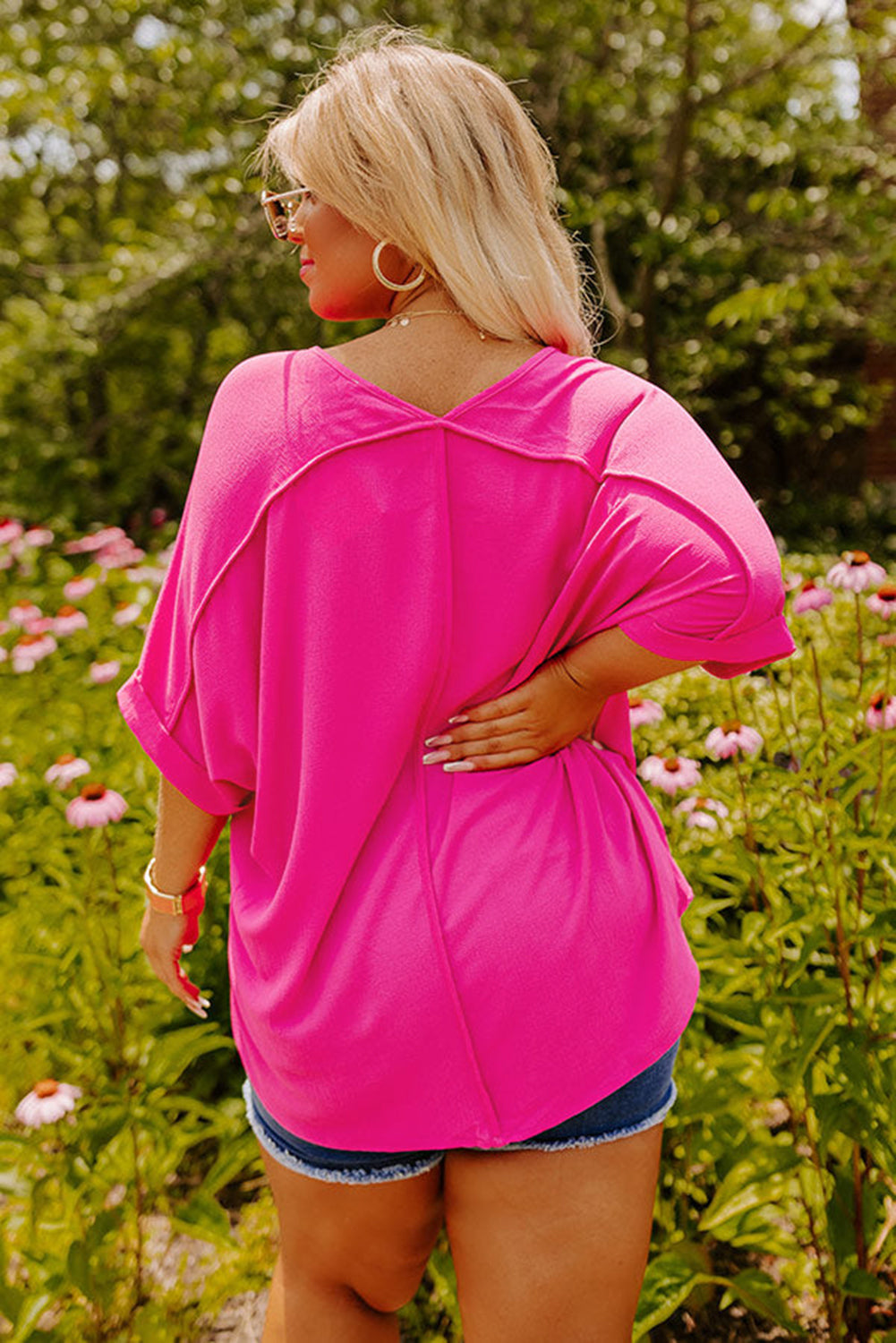 Black Seamed Back High Low Hem V Neck Plus Size Tee