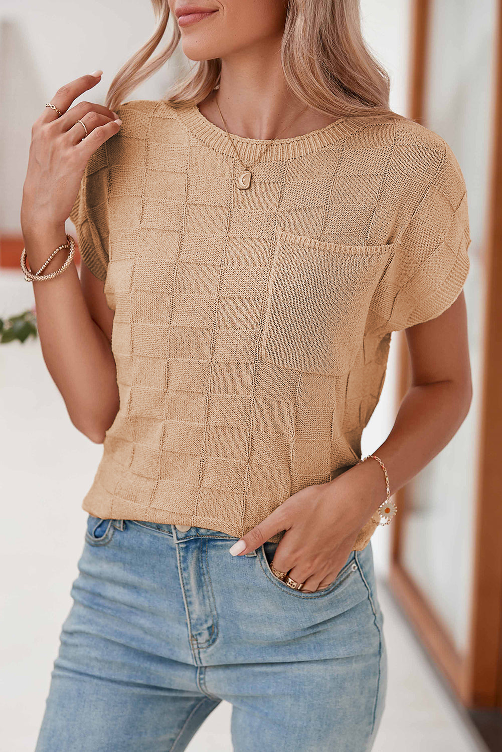 Black Lattice Textured Knit Short Sleeve Baggy Top