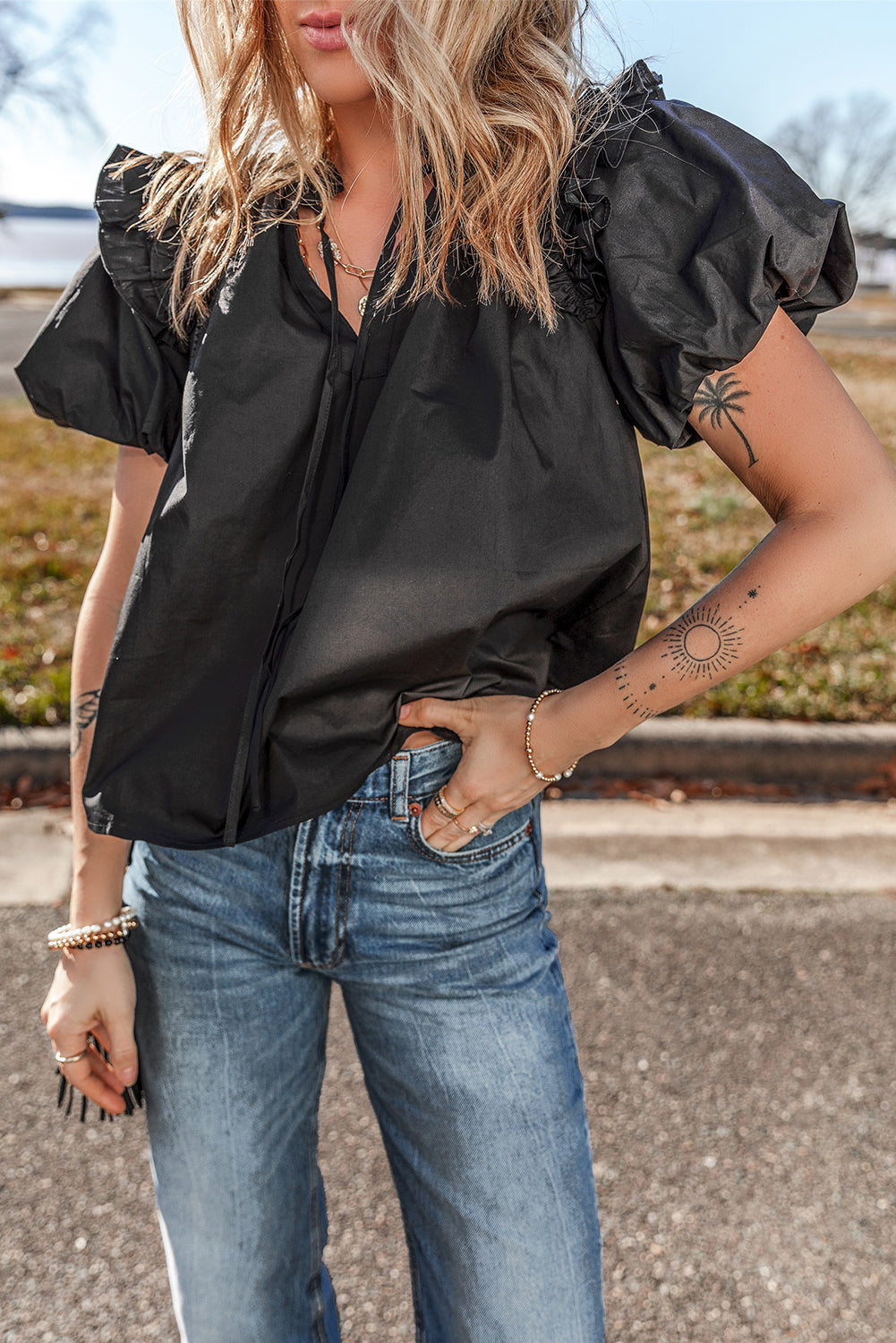 Black V Neck Ruffle Puff Short Sleeve Loose Blouse