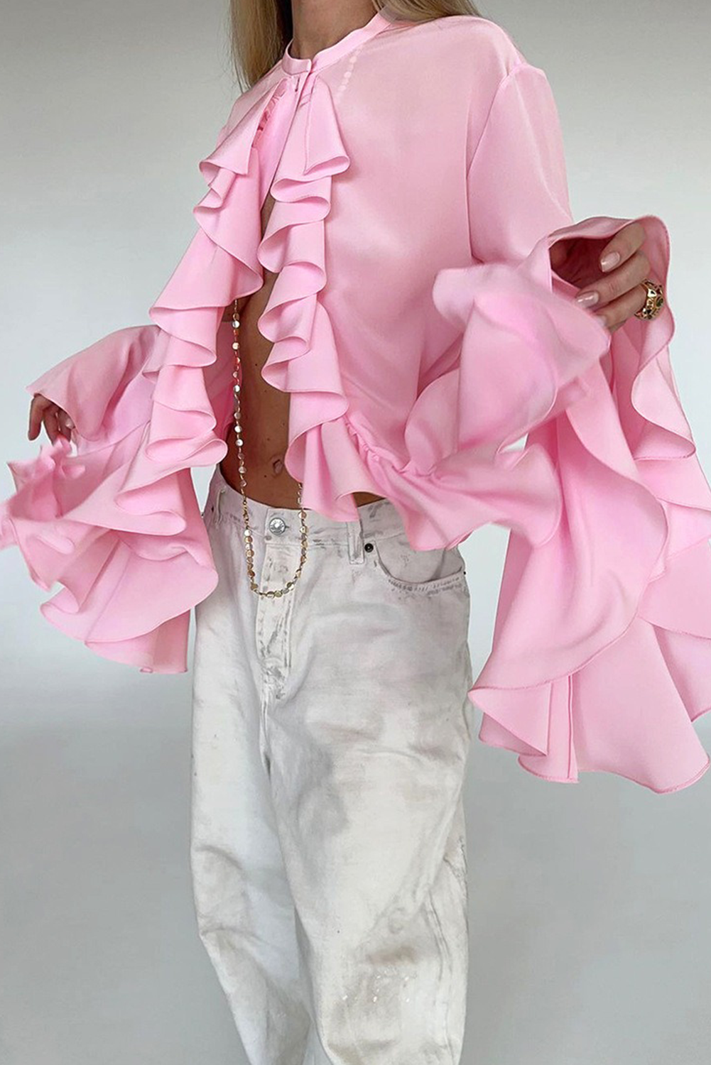 Pink Solid Color Ruffle Flared Long Sleeve Shirt