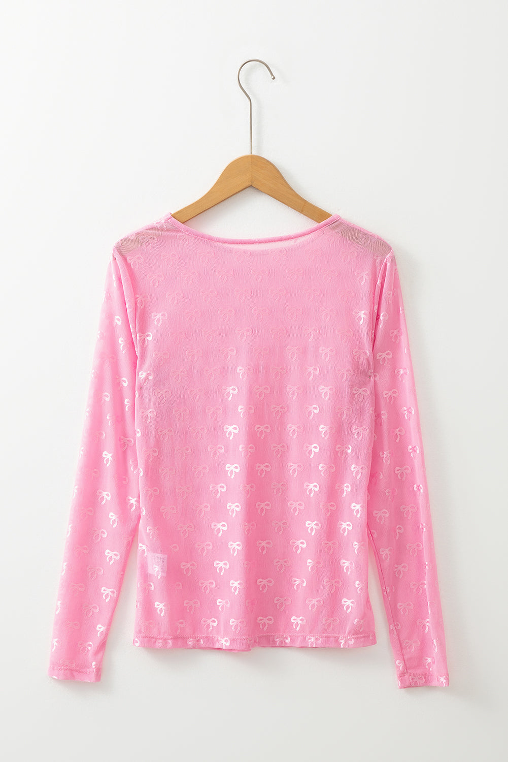 White Bow Pattern Long Sleeve Slim Fit Mesh Top