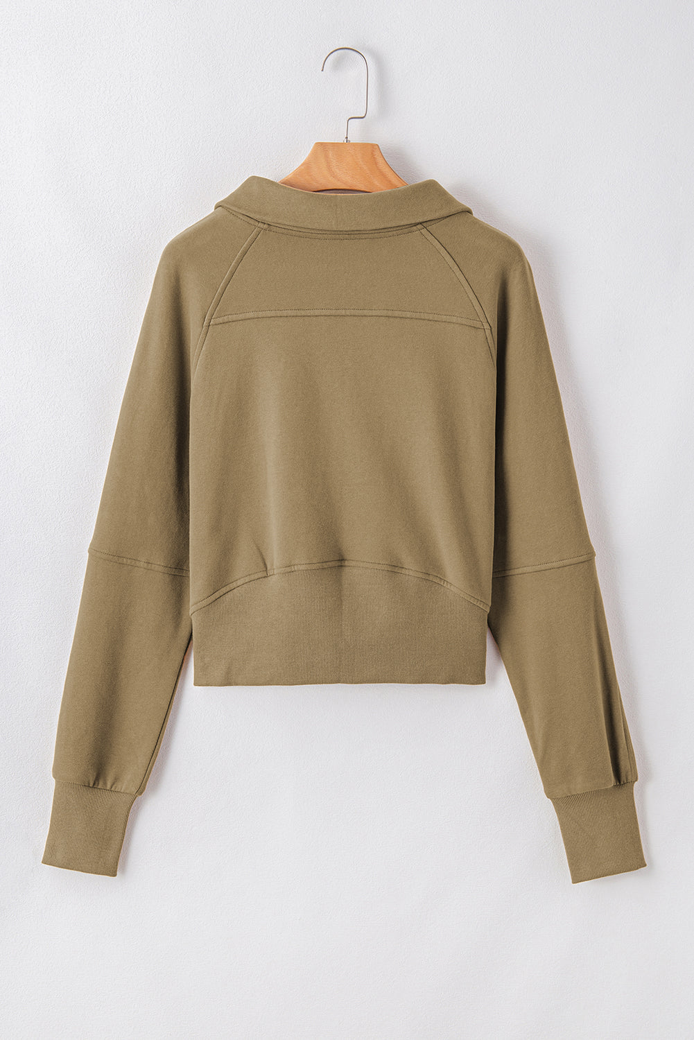 Green Zip Up Stand Collar Ribbed Thumbhole Sleeve Sweatshirt