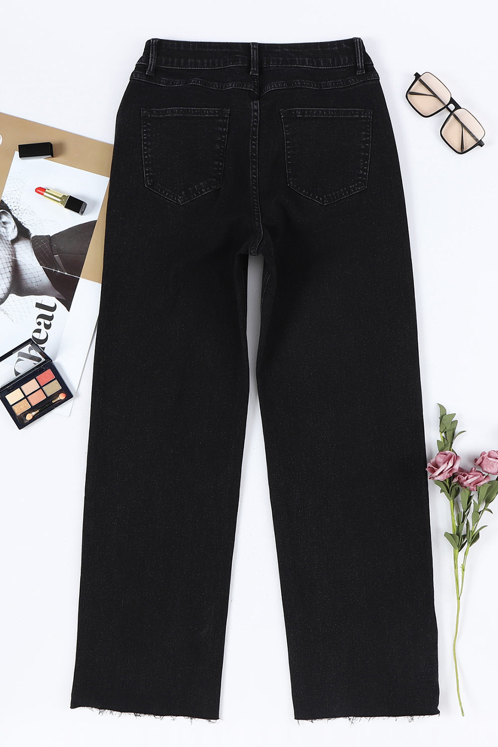 Sky Blue Mid Rise Asymmetrical Waist Wide Leg Jeans