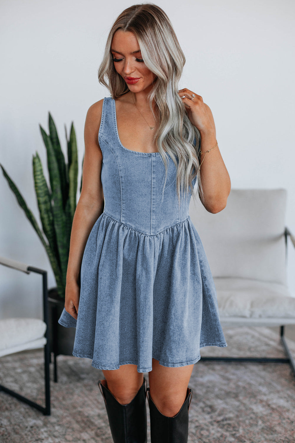 Sail Blue Bowknot A-line Sleeveless Denim Dress