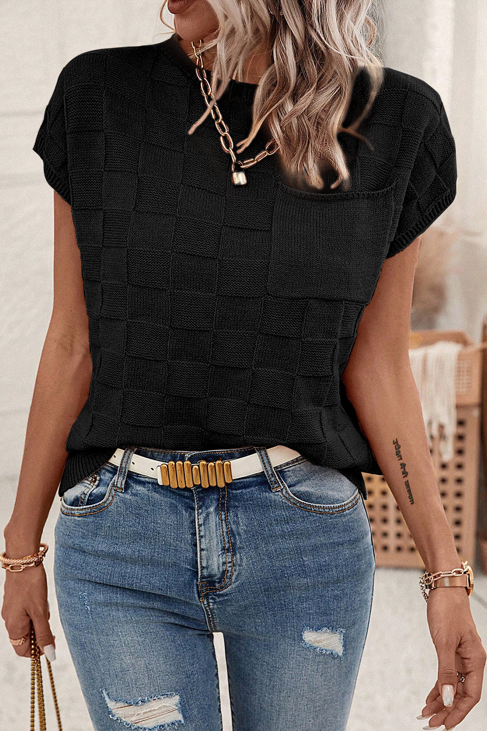 Black Lattice Textured Knit Short Sleeve Baggy Top