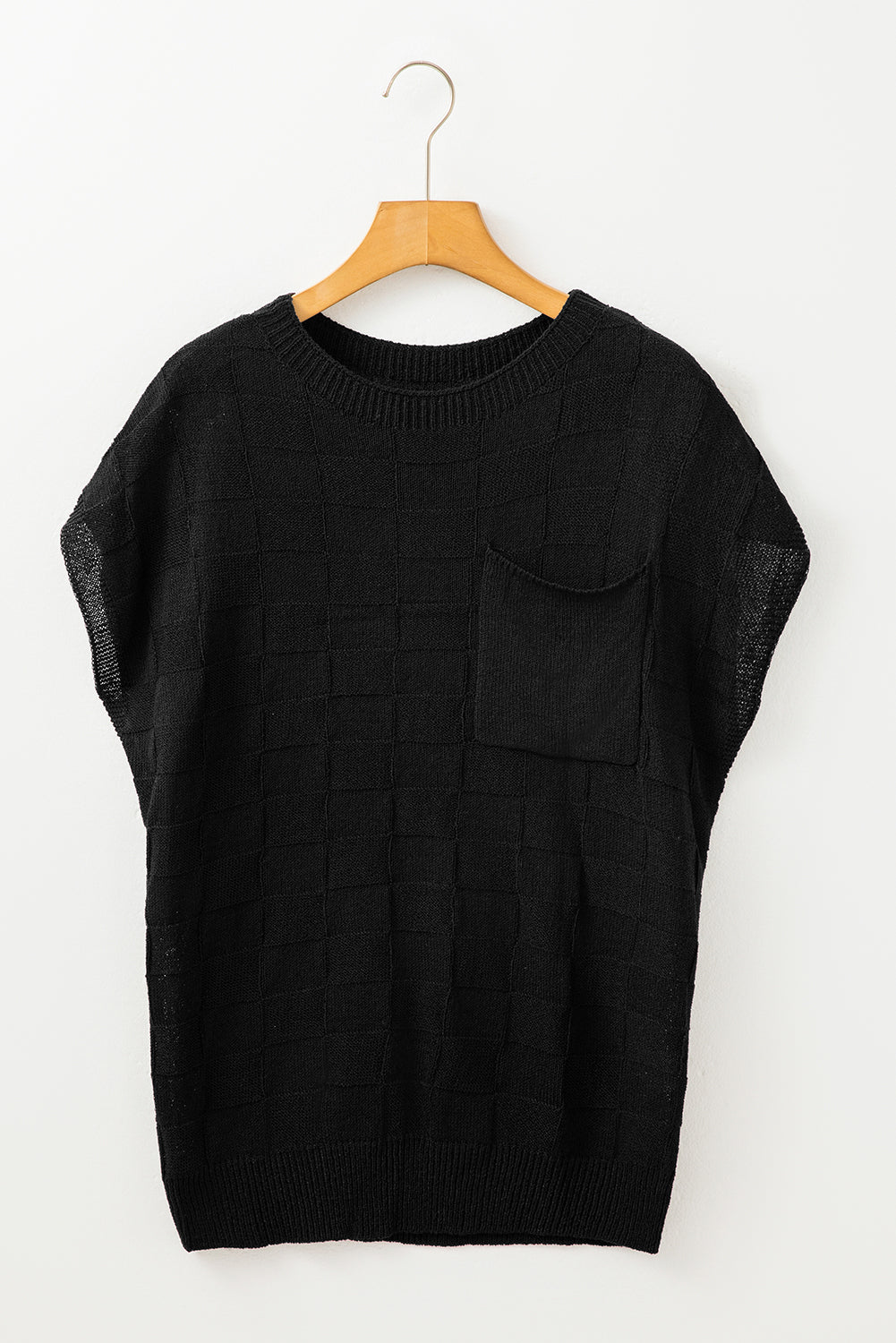 Black Lattice Textured Knit Short Sleeve Baggy Top