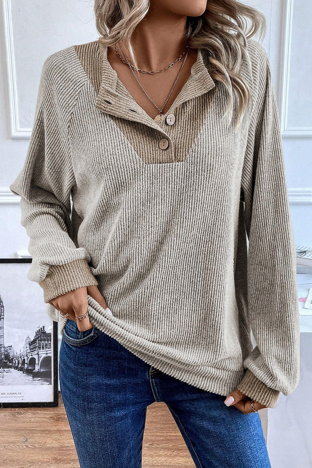 Black Contrast Ribbed Loose Fit Henley Top