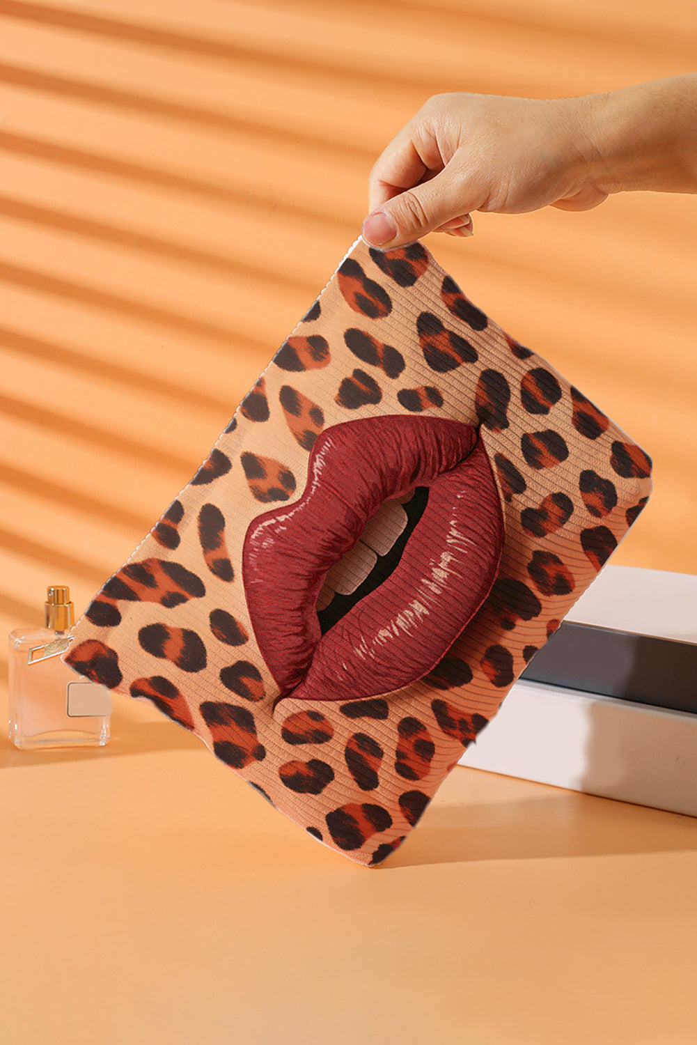 Brown Leopard Red Lips Makeup Bag