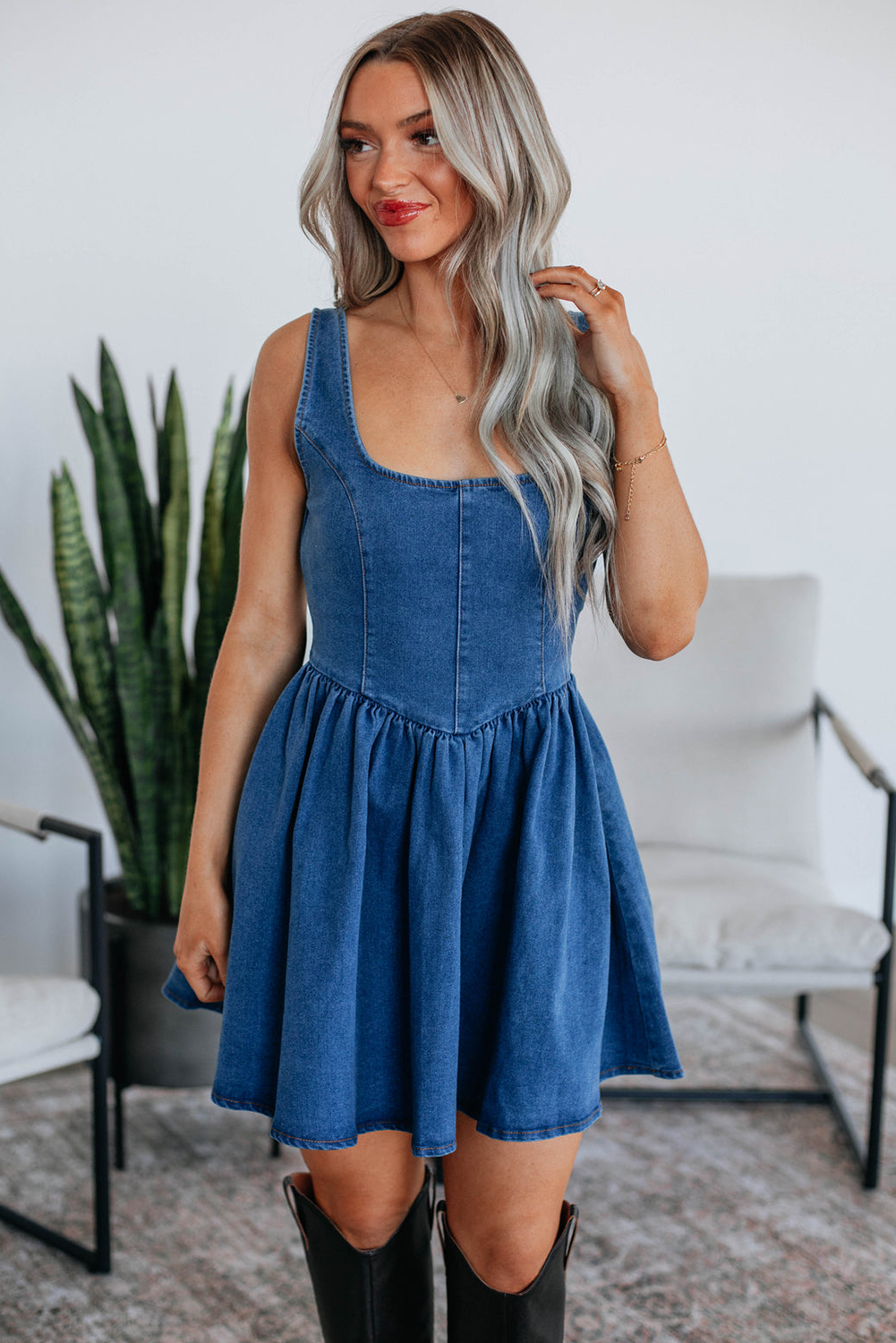 Sail Blue Bowknot A-line Sleeveless Denim Dress