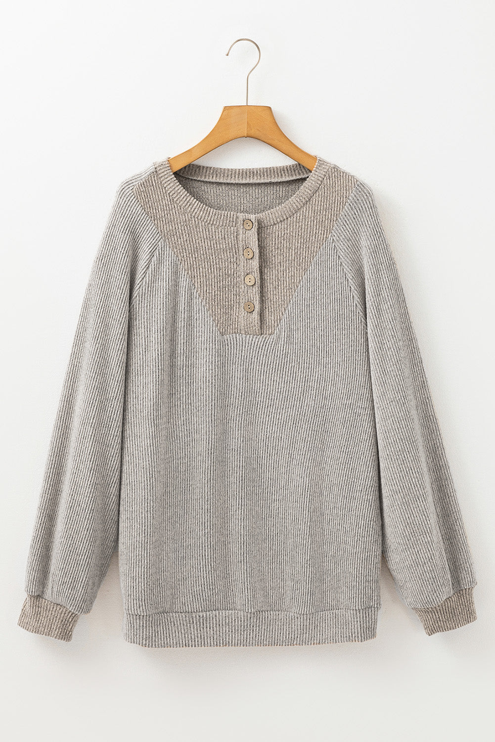 Black Contrast Ribbed Loose Fit Henley Top