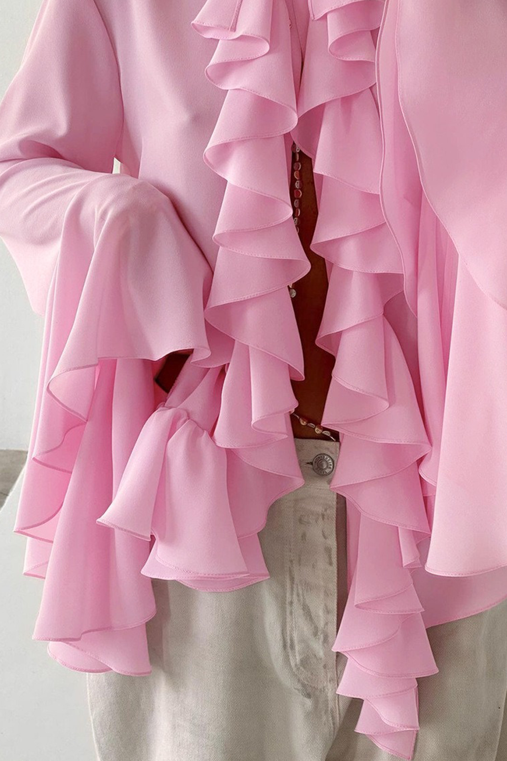 Pink Solid Color Ruffle Flared Long Sleeve Shirt
