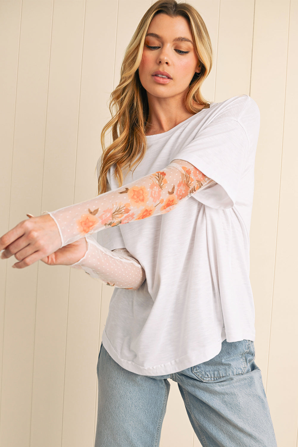 White Floral Mesh Patchwork Sleeve Fake Two-Piece Top