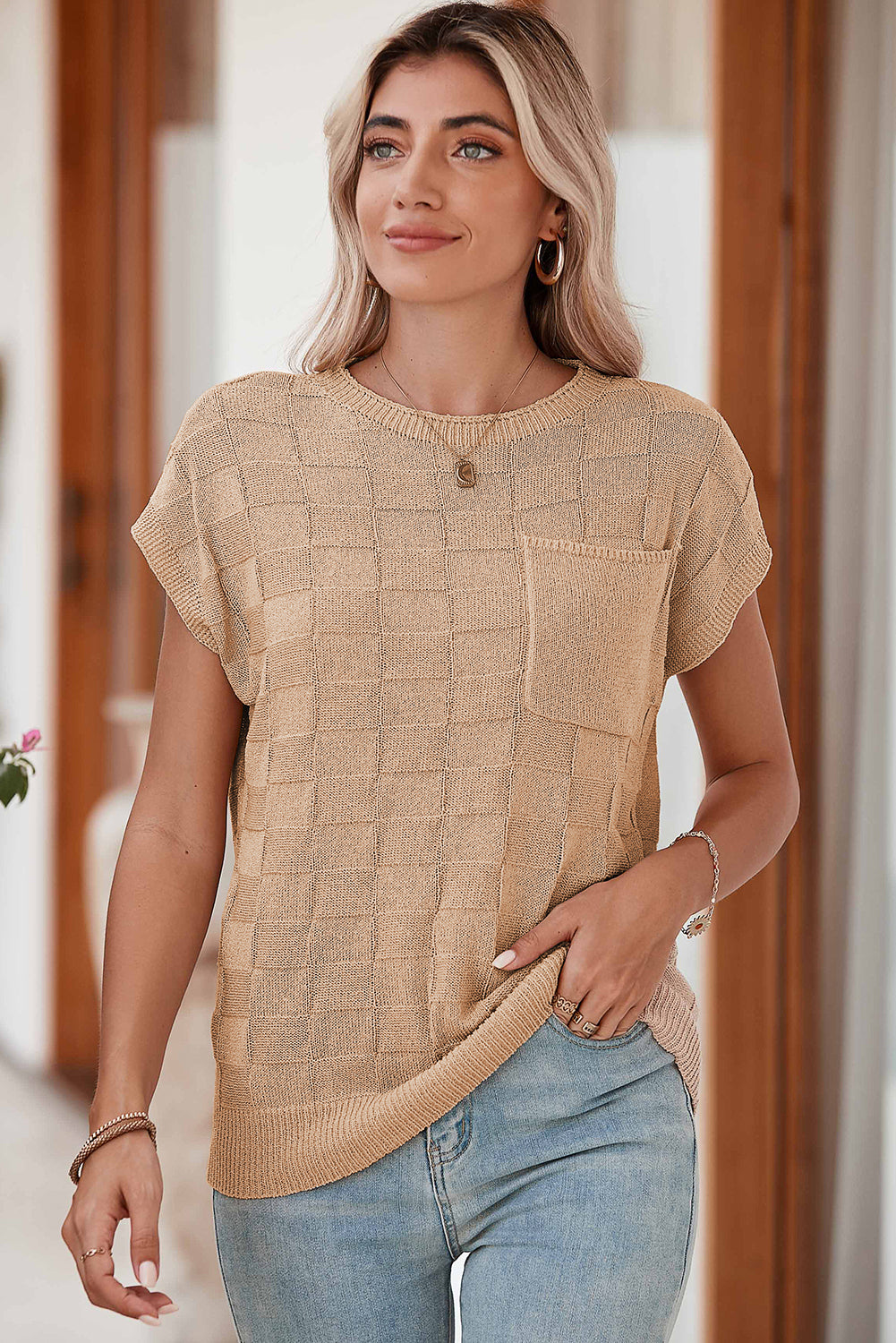 Black Lattice Textured Knit Short Sleeve Baggy Top
