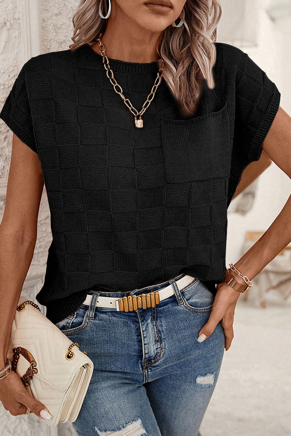 Black Lattice Textured Knit Short Sleeve Baggy Top