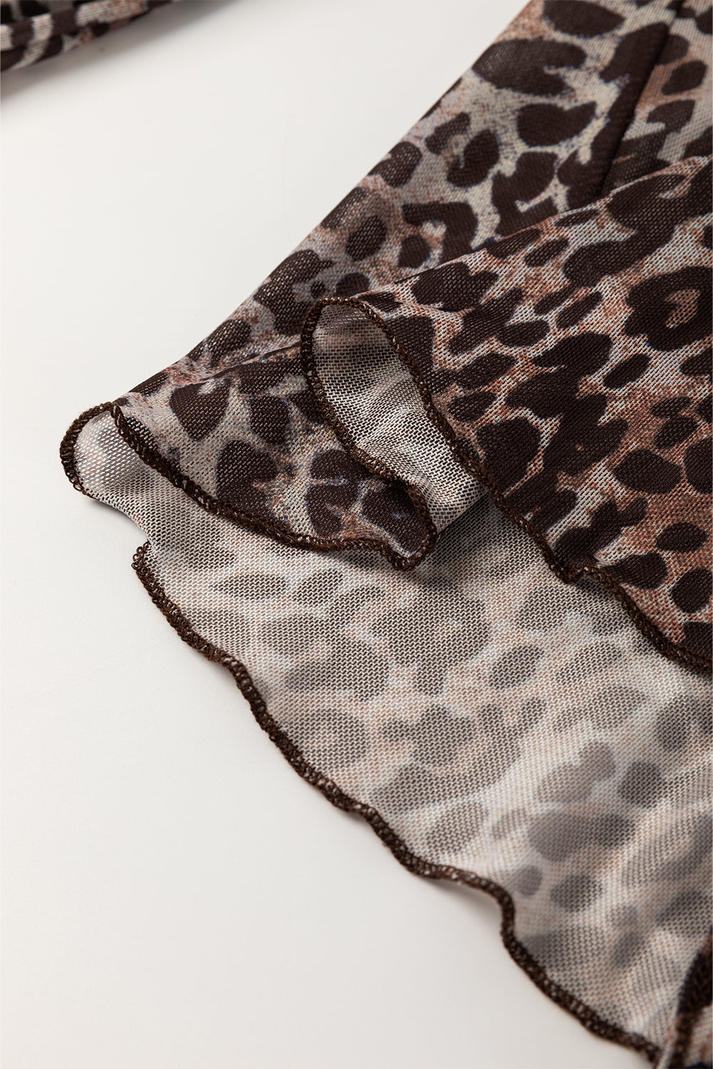 Multicolour Leopard Sheer Mesh Lace Up V Neck Long Sleeve Top